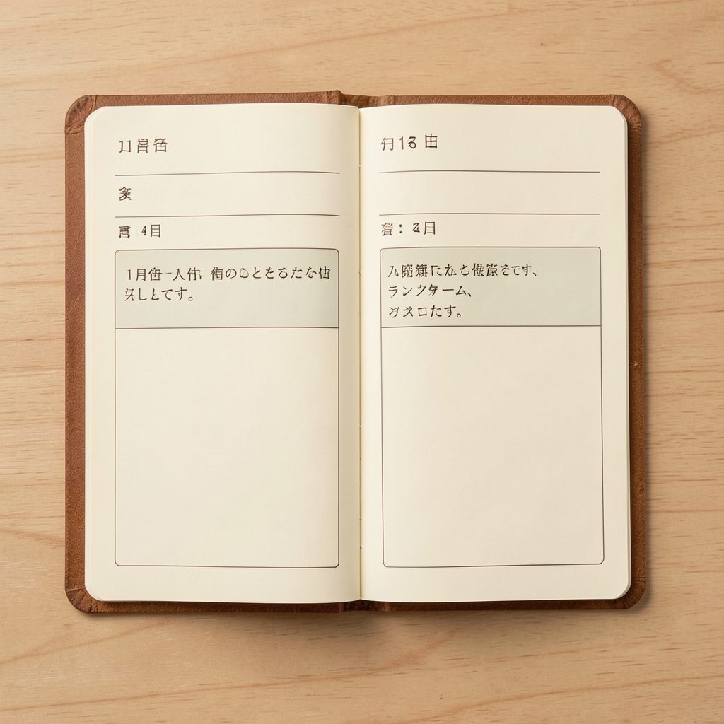 昼休みの時間帯が強調された手帳の見開きページ。11時から14時の欄が広く取られ、ランチタイムの書き込みスペースが目立つ。温かみのあるクリーム色の用紙と茶色の表紙。