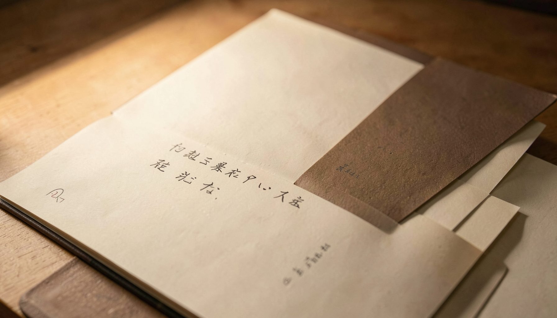 クリーム色の紙の上に開かれた手帳、茶色の表紙と手書きの文字が並び、温かみのあるデスクライトの光が差し込む落ち着いた雰囲気