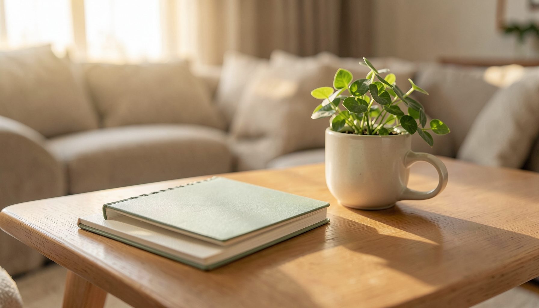 柔らかな朝日が差し込むリビングテーブルに、手帳と小さな観葉植物、マグカップが並ぶ。ベージュとグリーンの穏やかな色調。