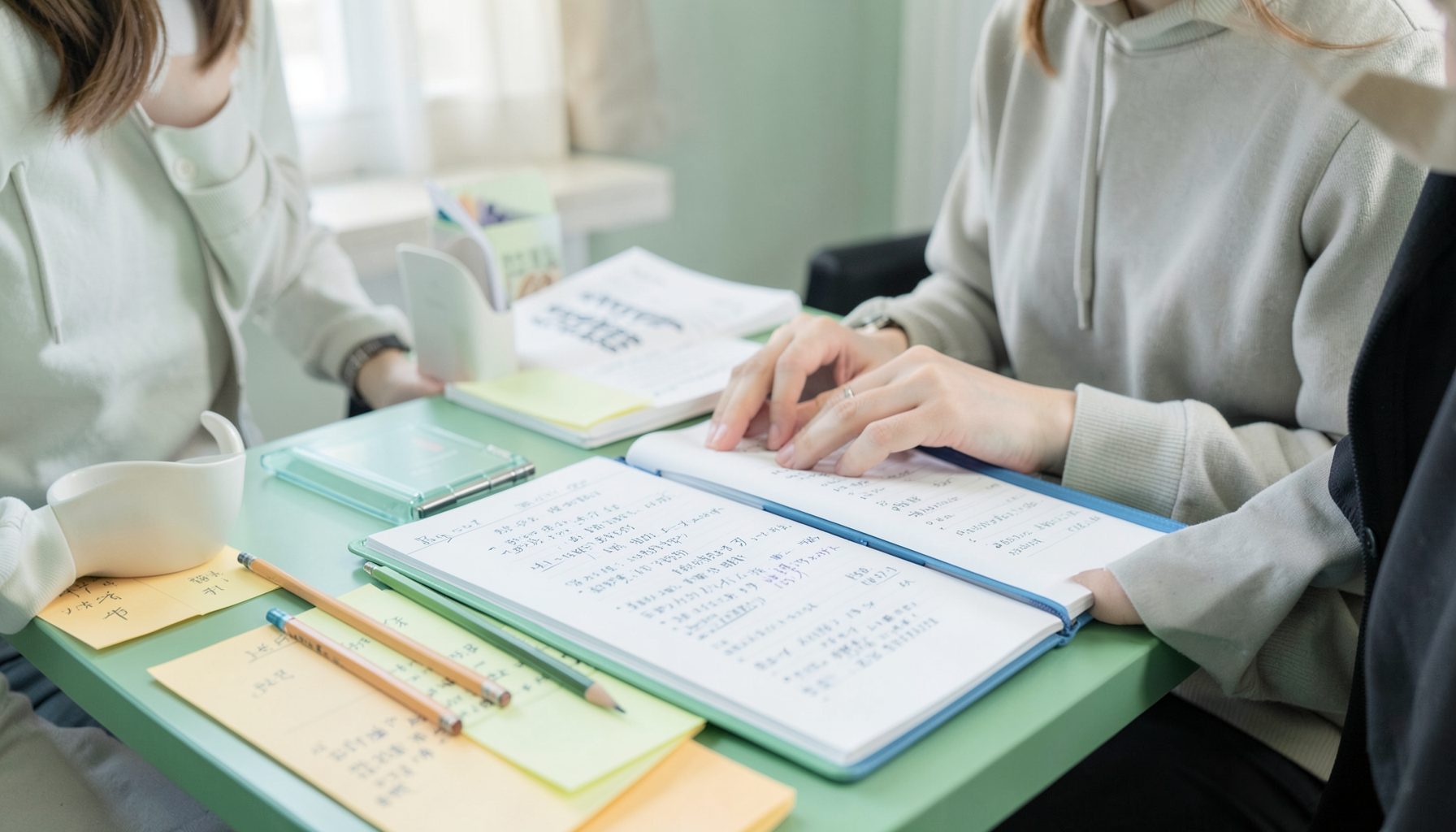 教科書とノート、手帳が並ぶ学生の勉強机。鉛筆と付箋が散らばり、グリーンとホワイトの爽やかな色調。