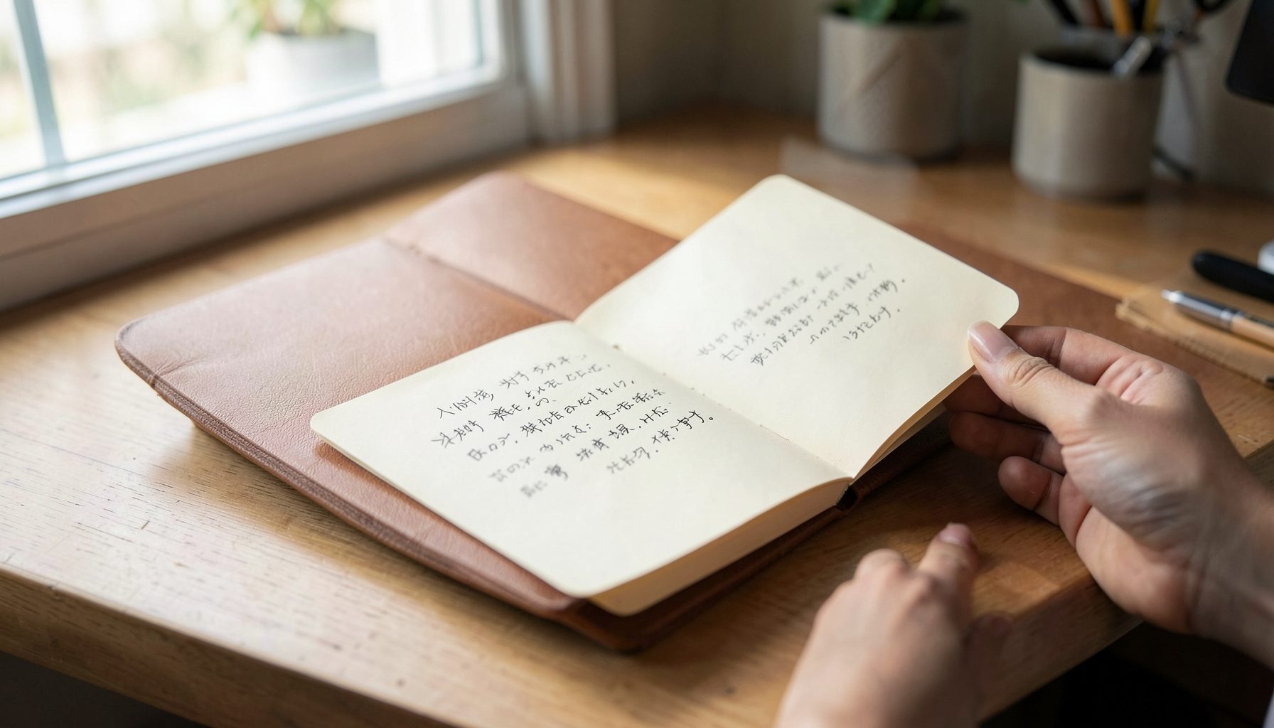 温かみのある茶色の手帳が机の上に開かれ、クリーム色のページに手書きの文字が並ぶ。柔らかな自然光が差し込む落ち着いた雰囲気の作業机。