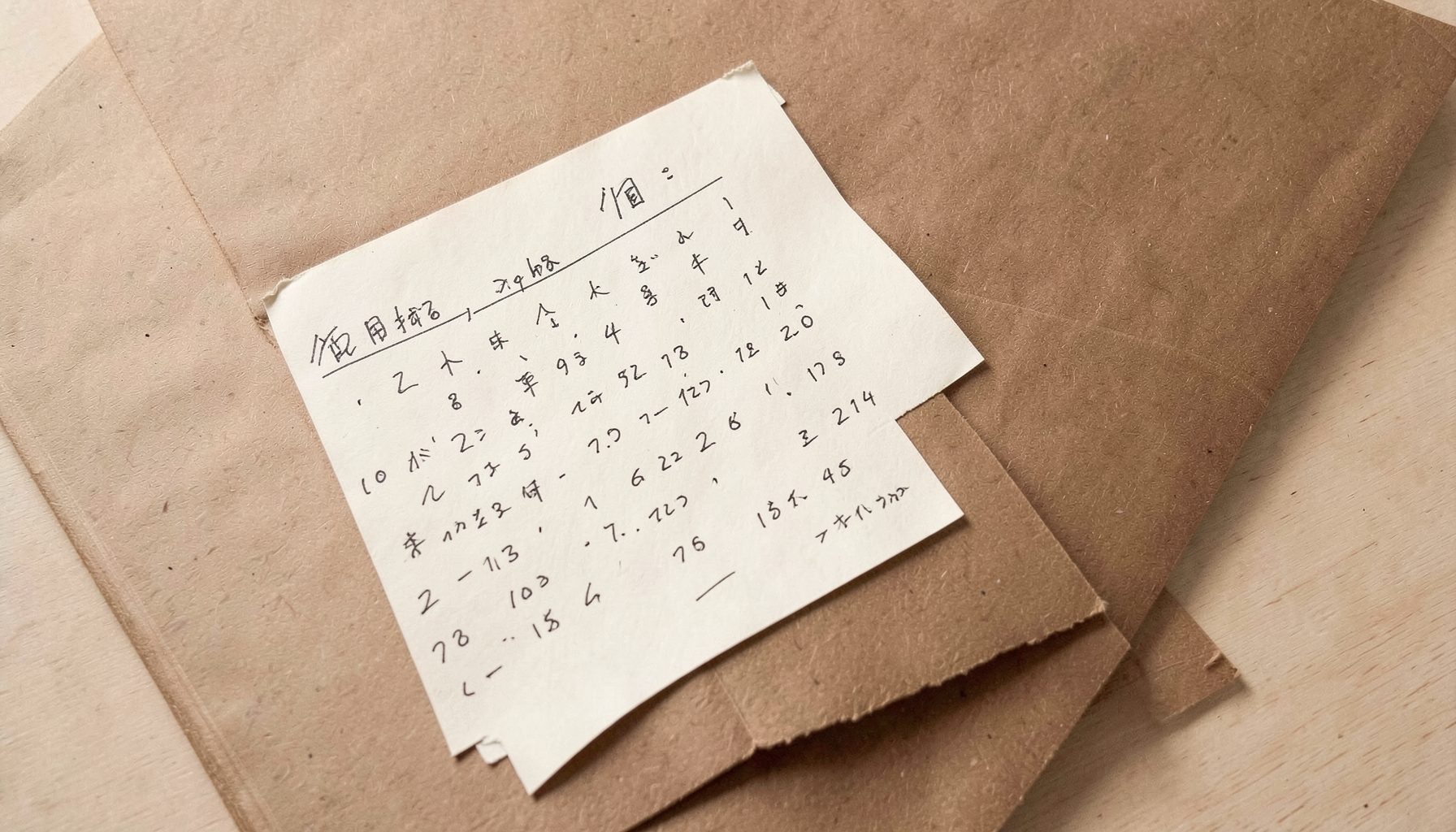 クリーム色の紙に描かれた手書きのスケジュールと、茶色の表紙が重なる温かみのある俯瞰構図
