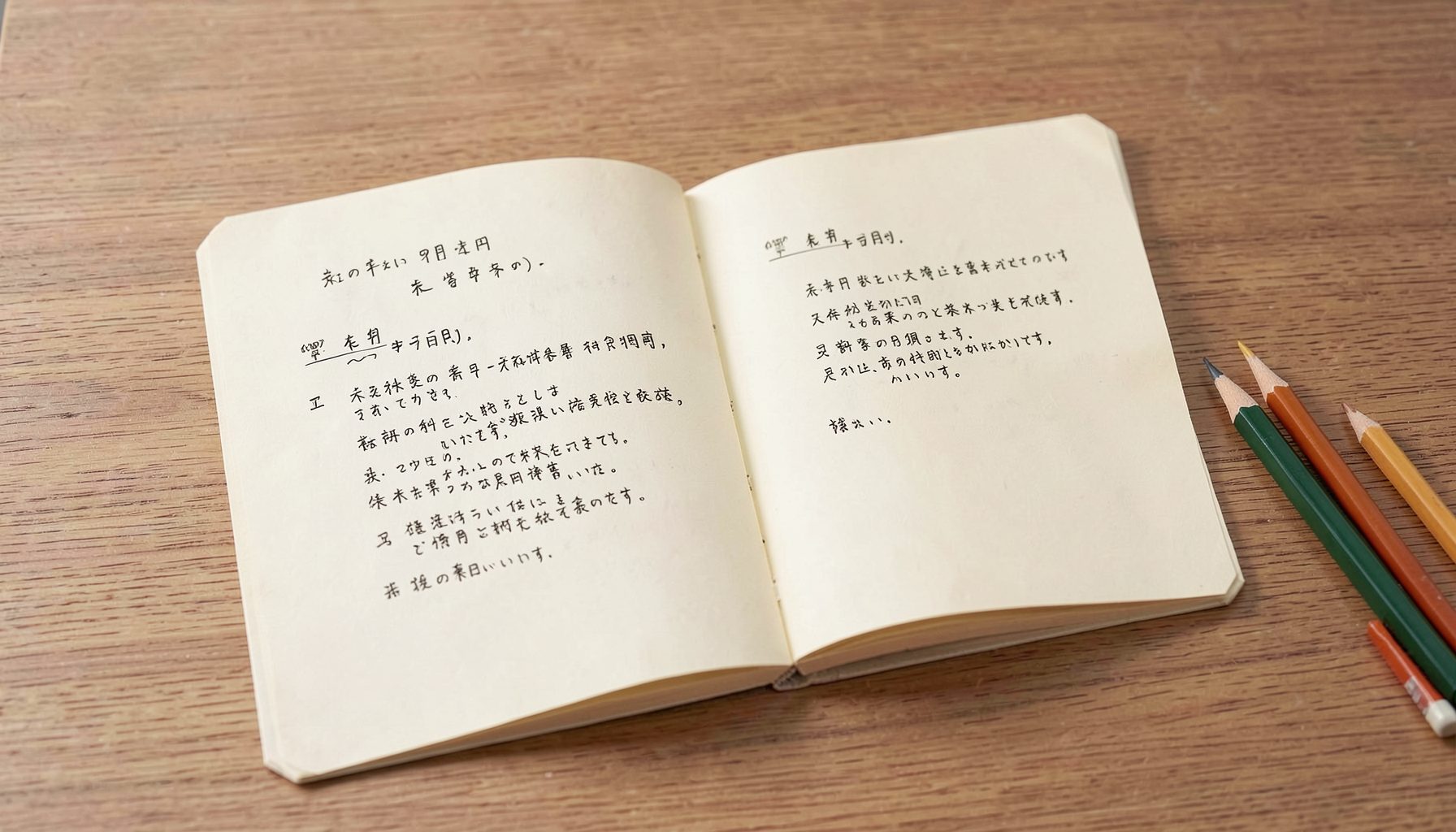 温かみのあるクリーム色の紙に家族の予定が書き込まれた手帳の見開き。柔らかな木目調の机の上に置かれ、横には色鉛筆が数本添えられている。全体に落ち着いたブラウンとアイボリーのトーン。